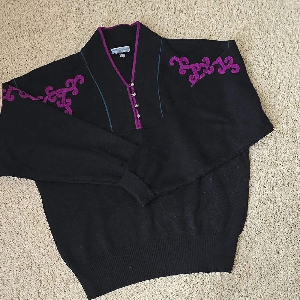 MEINSTER VINTAGE Black and Purple V-Neck Sweater SIZE LARGE - Picture 4 of 4